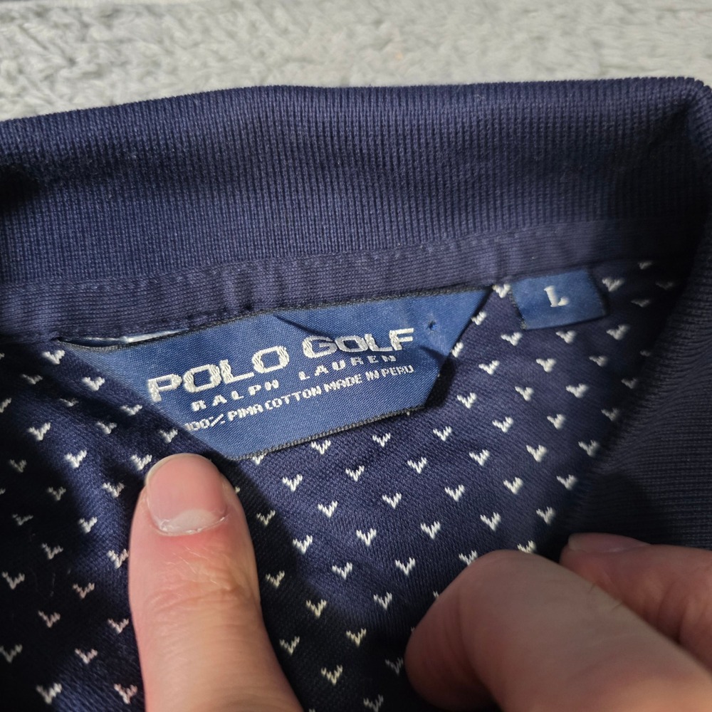 Polo Golf Ralph Lauren Mens L Polo Shirt Navy Blue Pima Cotton Geometric Print - Picture 4 of 6